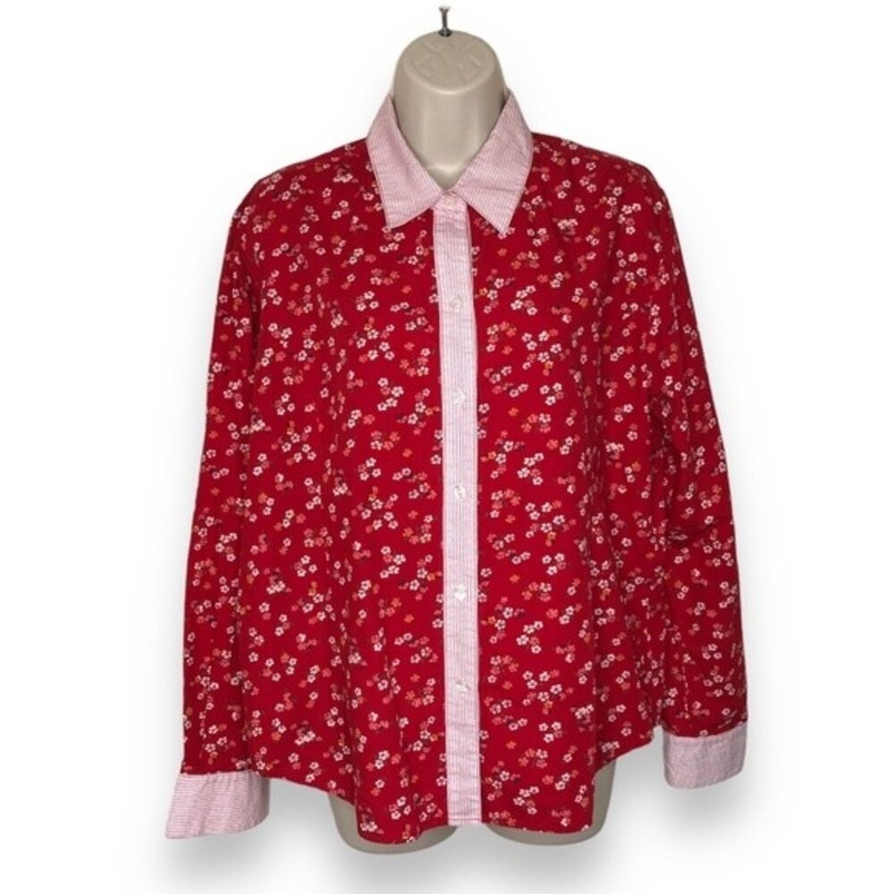Harve Benard Cottagecore Red White Floral Stripe Long Sleeve Shirt Women Size XL